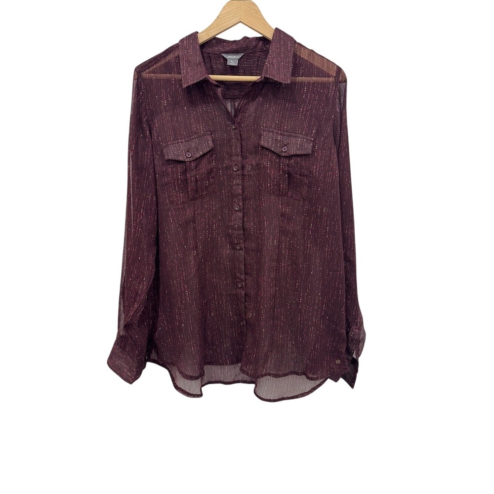 Eddie‎ Bauer Sheer Button Front Blouse Burgundy Print Long Sleeve Women's L